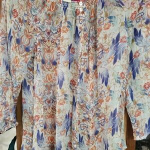 Sundance Floral Button-Front Blouse in Blue, Orange, Cream